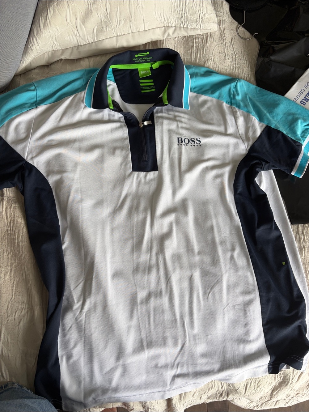 BOSS White Polo with Navy and Teal Accents